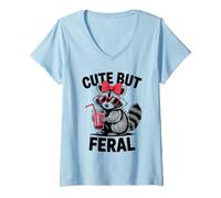 Womens Cute But Feral Raccoon Red Bow Sunglasses Woodland Animal V-Neck T-Shirt