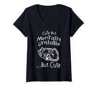 Women's Cute But Mentally Unstable Funny Sarcastic Cat Doodle Art V-Neck T-Shirt