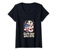 Women's Cute But Will Bite Funny Kawaii Snake Boba Tea Reptile V-Neck T-Shirt
