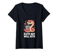 Women's Cute But Will Bite Funny Kawaii Snake Boba Tea Reptile V-Neck T-Shirt