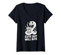 Women's Cute But Will Bite Funny Kawaii Snake Boba Tea Reptile V-Neck T-Shirt