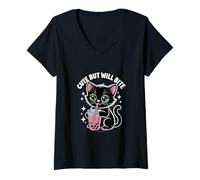 Women's Cute But Will Bite Kawaii Black Cat Boba Tea Sassy Kitten V-Neck T-Shirt
