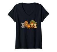 Womens Cute Camping Animals Around Campfire - Koala Bear Fox Bunny V-Neck T-Shirt