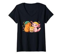 Women's Cute Capybara and Axolotl Bubble Tea Girls Kawaii Anime V-Neck T-Shirt