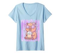 Women's Cute Capybara Boba Tea Lover Animal Design V-Neck T-Shirt