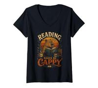Women's Cute Capybara Book Reading Makes Me Cappy V-Neck T-Shirt