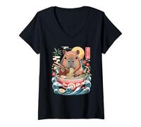 Women's Cute Capybara Eating Ramen Bowl Japanese Waves V-Neck T-Shirt