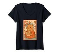 Womens Cute Capybara Eating Ramen in Kimono Sakura Mount Fuji Japan V-Neck T-Shirt