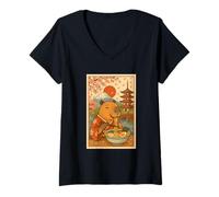 Womens Cute Capybara Eating Ramen in Kimono Sakura Mount Fuji Japan V-Neck T-Shirt