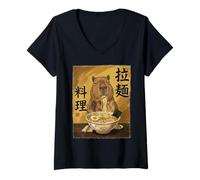 Women's Cute Capybara Eating Ramen Noodles Japan Kawaii Capybaras V-Neck T-Shirt