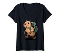 Women's Cute Capybara Hiker Backpacking Camping Adventure V-Neck T-Shirt