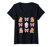 Womens Cute Capybara Kawaii Capybara Drinking Bubble Tea Lover V-Neck T-Shirt