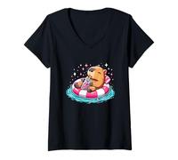 Womens Cute Capybara On Pool Float Drinking Bubble Tea Lover Girls V-Neck T-Shirt