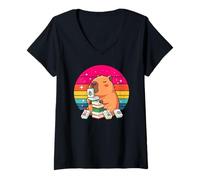 Women's Cute Capybara Playing Mahjong Retro Sunset Animal Kawaii V-Neck T-Shirt