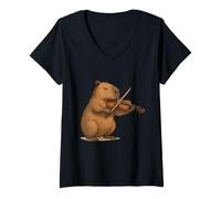 Womens Cute Capybara Playing The Violin V-Neck T-Shirt
