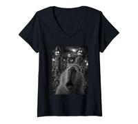 Womens Cute Capybara Selfie with Spooky Scarecrows Halloween Animal V-Neck T-Shirt