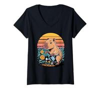 Women's Cute Capybara Watering Flowers Retro Sunset V-Neck T-Shirt