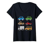Womens Cute Cars Trucks and School Bus Cartoon V-Neck T-Shirt