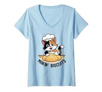 Womens Cute Cartoon Calico Cat Cooking Baker Chef Makin Biscuits V-Neck T-Shirt