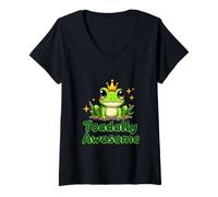 Women's Cute Cartoon Frog with Crown Sitting on Grass V-Neck T-Shirt