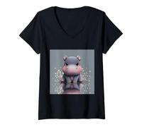 Womens Cute Cartoon Hippo Chibi Style Cute Baby Hippo V-Neck T-Shirt