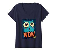 Womens Cute Cartoon Monster with Big Eyes Saying WOW V-Neck T-Shirt