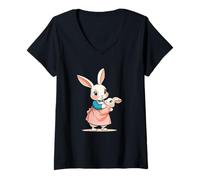 Womens Cute Cartoon Mother Rabbit Holding Baby Bunny V-Neck T-Shirt