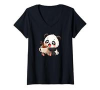 Women's Cute Cartoon Panda Coffee Lover V-Neck T-Shirt
