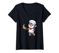 Women's Cute Cartoon Penguin Chef Cooking Food V-Neck T-Shirt