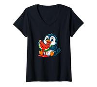 Womens Cute Cartoon Penguin Eating Watermelon Fruit V-Neck T-Shirt