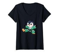 Womens Cute Cartoon Penguin Karate Kids Design V-Neck T-Shirt