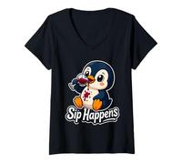 Women's Cute Cartoon Penguin Wine Lover Sip Happens V-Neck T-Shirt