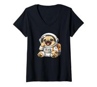 Women's Cute Cartoon Pug Astronaut Exploring Space V-Neck T-Shirt