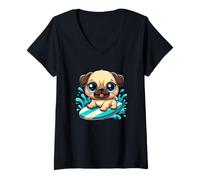 Womens Cute Cartoon Pug Surfing on a Summer Wave V-Neck T-Shirt