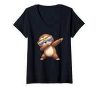 Women's Cute Cartoon Sloth Dabbing with Sunglasses Summer Vibes V-Neck T-Shirt