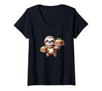 Womens Cute Cartoon Sloth with Lasagna V-Neck T-Shirt