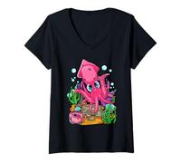 Womens Cute Cartoon Squid Kawaii Ocean Animal Sealife Marine Life V-Neck T-Shirt