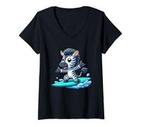 Women's Cute Cartoon Zebra Surfer Riding Waves V-Neck T-Shirt