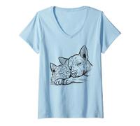 Women's Cute Cat and Dog Cuddling for Pet Owners Kitty Puppy Lovers V-Neck T-Shirt