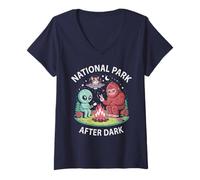 Women's Cute Cat Bigfoot National Park After Dark Alien Camp Host V-Neck T-Shirt