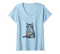 Women's Cute Cat Boba Tea Drinker Feline Tapioca Pearls V-Neck T-Shirt