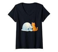 Womens Cute Cat Building Cold Igloo Ice Brick Winter Snow Art Kitty V-Neck T-Shirt