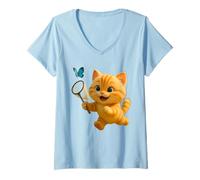 Womens Cute Cat Chasing Butterfly, Adorable Animated Leo The Cat V-Neck T-Shirt