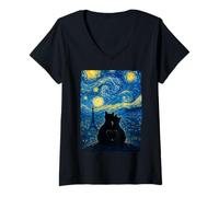 Womens Cute Cat Couple The Starry Night Paris France Sky Cats Lover V-Neck T-Shirt
