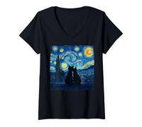 Womens Cute Cat Couple The Starry Night Sky Cats Lover Men Women V-Neck T-Shirt