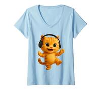 Womens Cute Cat Dancing to Music, Adorable Animated Leo The Cat V-Neck T-Shirt