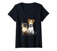 Women's Cute Cat Dog Pet Friends Drawing V-Neck T-Shirt