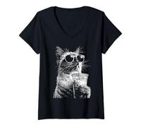 Women's Cute Cat Drinking Iced Coffee Funny Kitten Meme y2k Grunge V-Neck T-Shirt