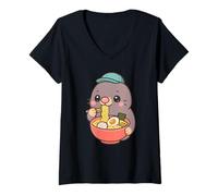 Women's Cute Cat Eating Ramen Illustration Kawaii V-Neck T-Shirt