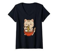 Women's Cute Cat Eating Ramen Kawaii Illustration V-Neck T-Shirt